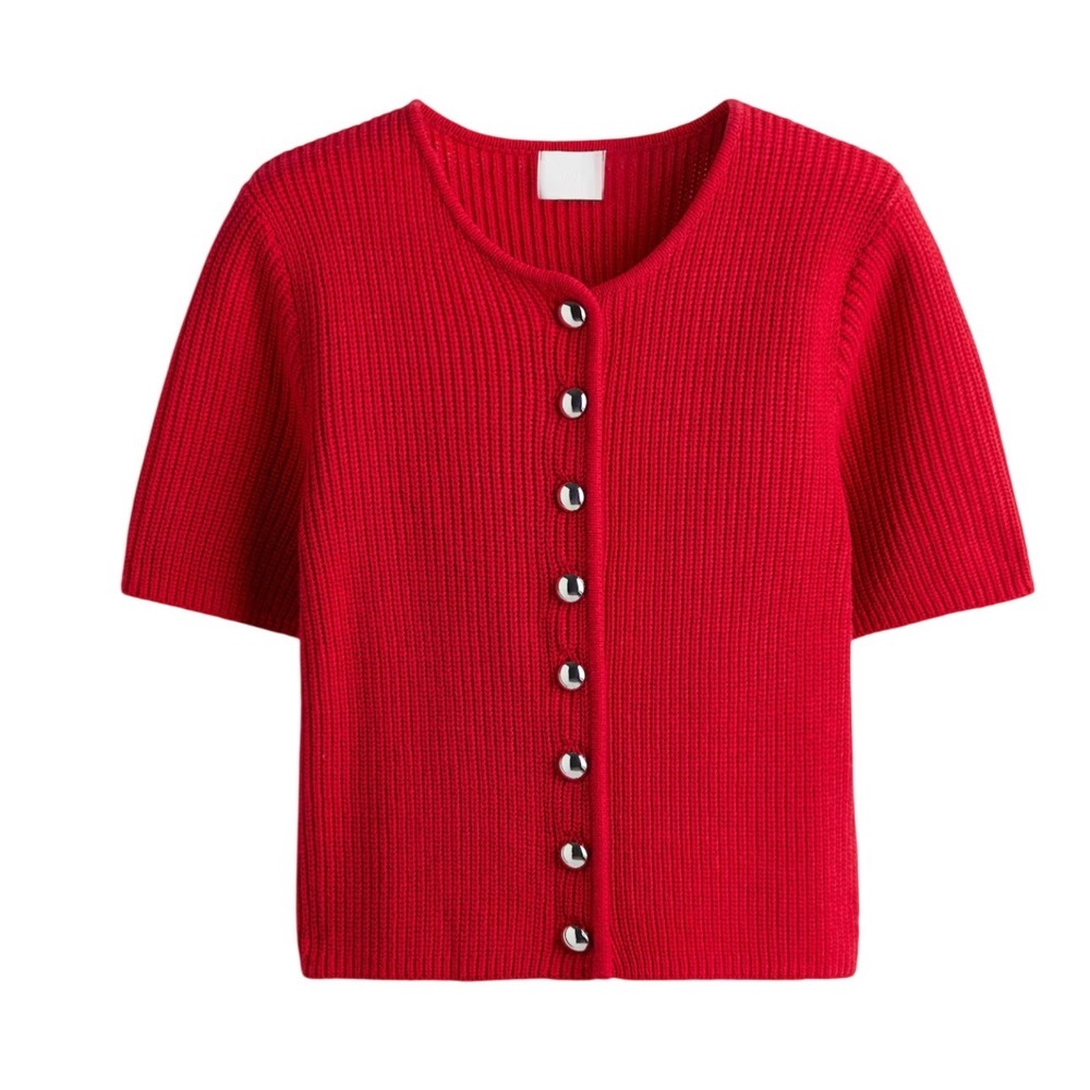 HM Red Ribbed Short Sleeve Knit Top Silver Button Front Sweater Womens Size M‎